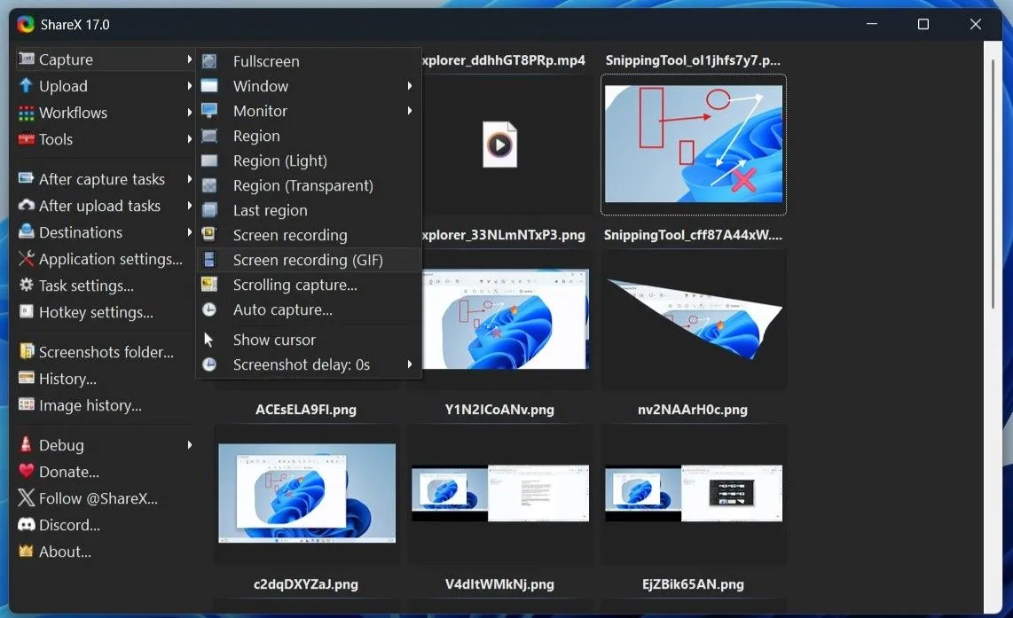 Tùy chọn chụp màn hình đa dạng của phần mềm ShareX trên Windows