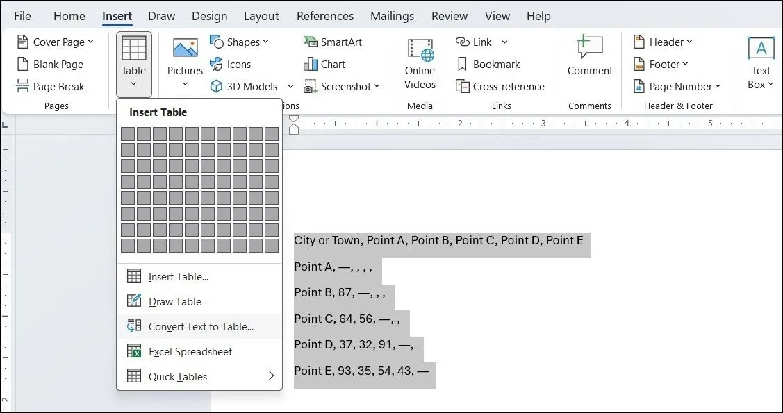 Tùy chọn Chuyển Văn bản thành Bảng (Convert Text to Table) trong Microsoft Word giúp tạo bảng nhanh chóng từ dữ liệu văn bản.
