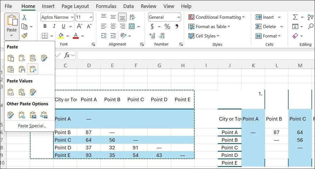 Tùy chọn Chuyển vị (Transpose) trong Excel giúp đảo chiều hàng thành cột khi dán dữ liệu.