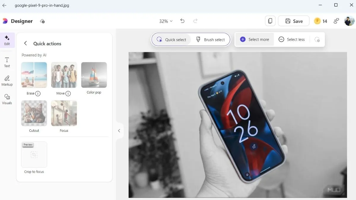 Tùy chọn Color Pop trong ứng dụng chỉnh sửa ảnh Microsoft Designer