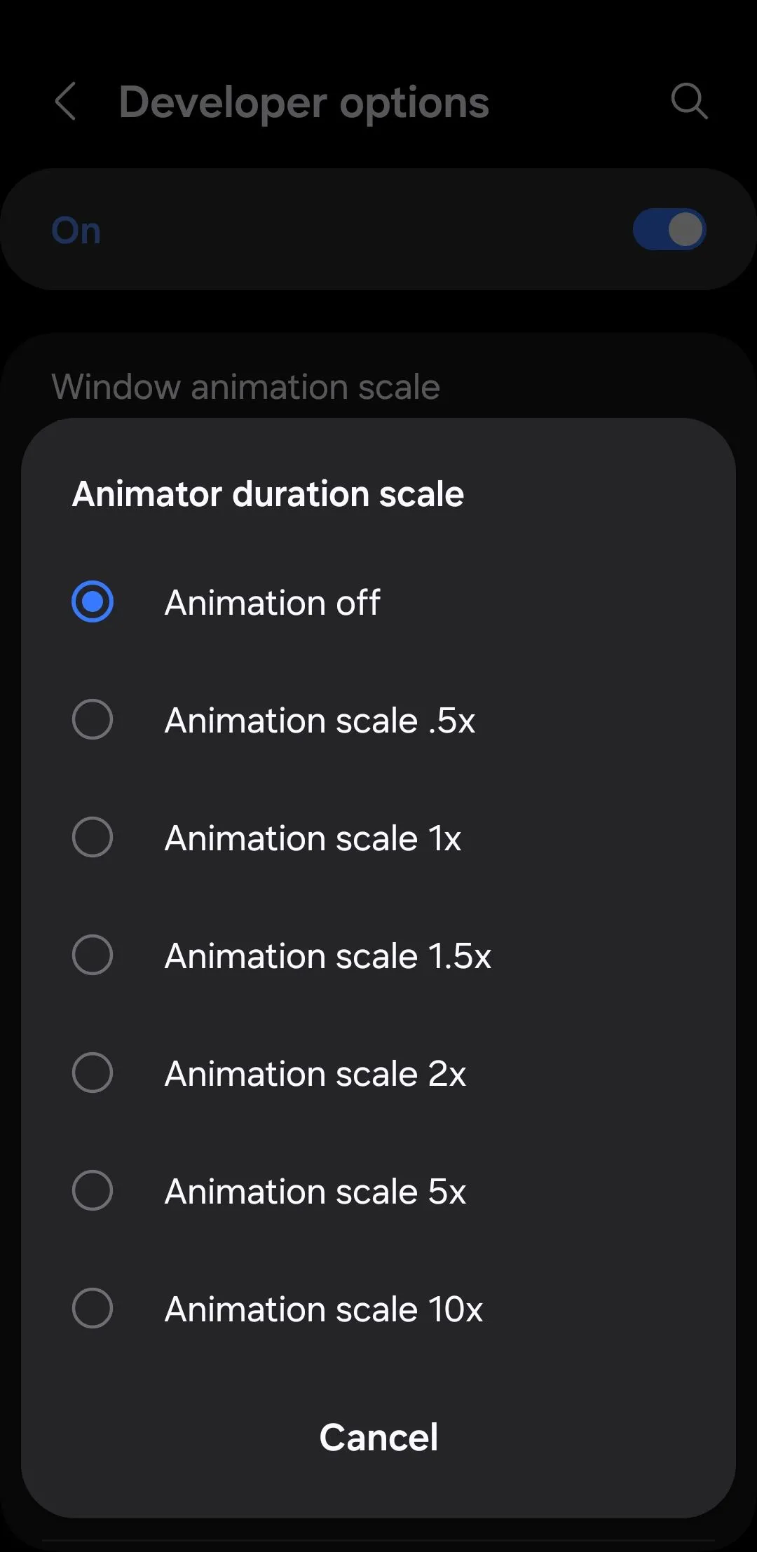 Tùy chọn điều chỉnh tỷ lệ hoạt ảnh (Animation scale) trong menu Tùy chọn nhà phát triển trên Android