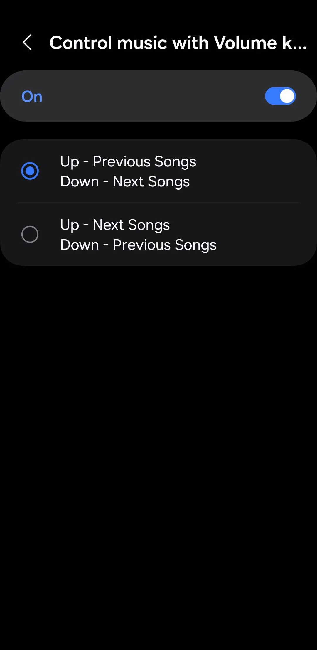 Tùy chọn điều khiển nhạc bằng phím âm lượng trong ứng dụng Sound Assistant trên điện thoại Samsung.