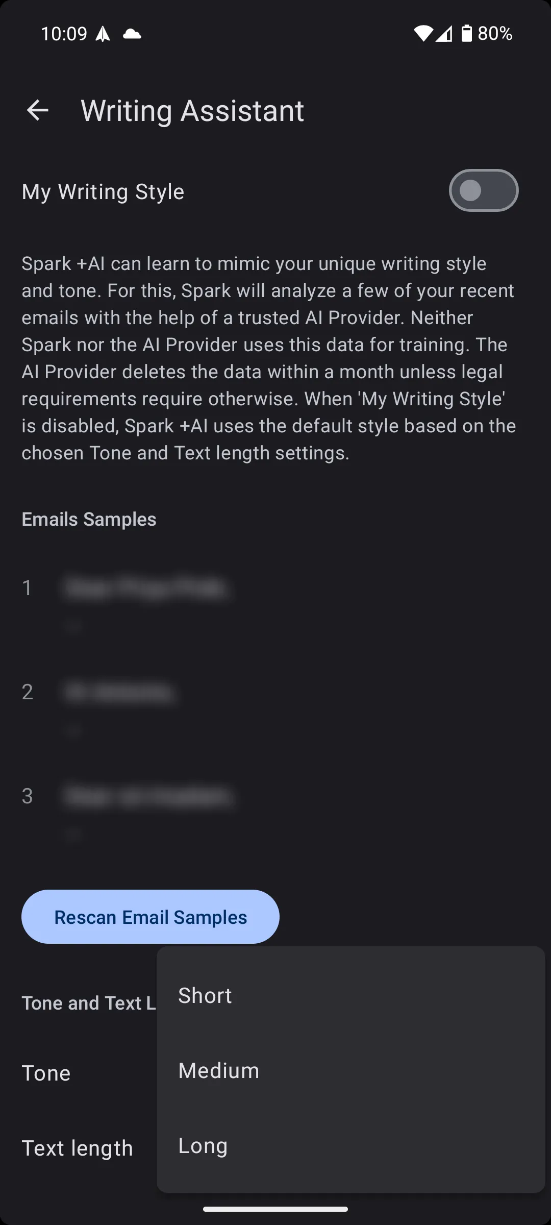 Tùy chọn độ dài văn bản trong tính năng Soạn email với +AI của Spark Mail, từ ngắn đến dài