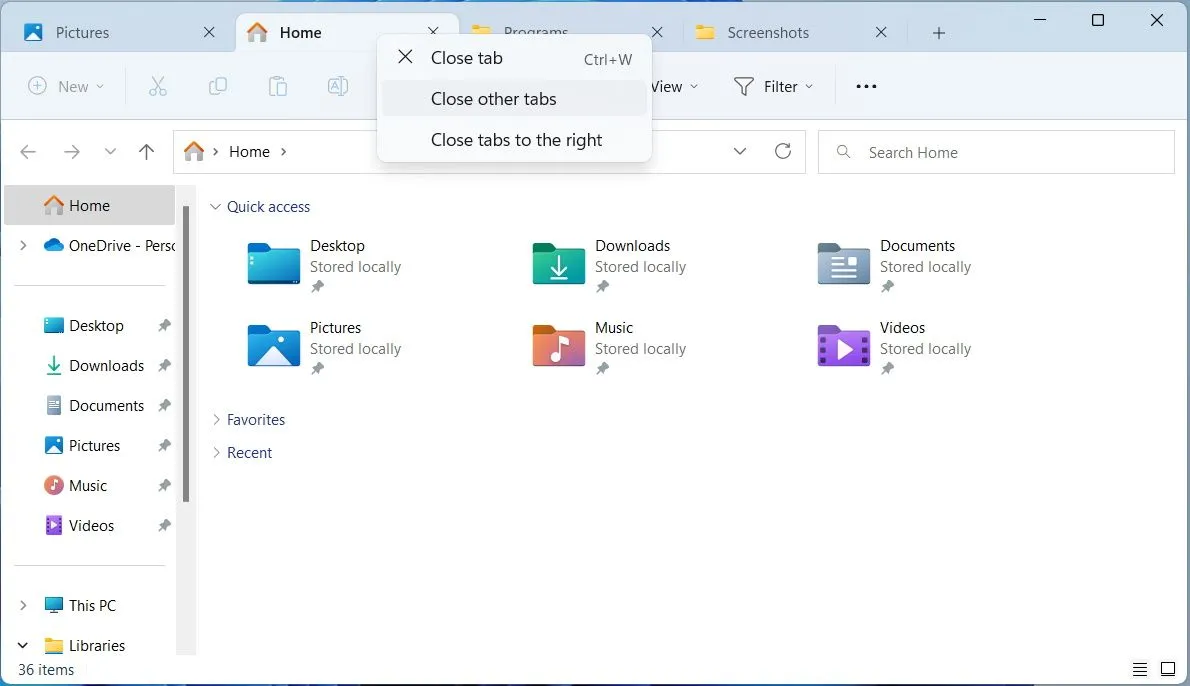 Tùy chọn đóng các tab khác trong File Explorer của Windows 11, một tính năng mới tiện lợi