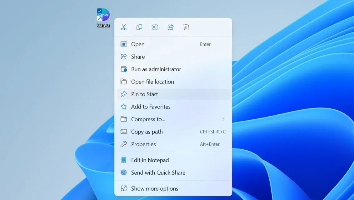 Tùy chọn 'Ghim vào Menu Bắt đầu' trong menu ngữ cảnh khi chuột phải vào ứng dụng trên Windows 10/11