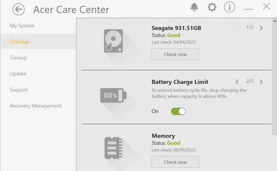 Tùy chọn Giới hạn sạc pin (Battery Charge Limit) trong ứng dụng Acer Care Center giúp bảo vệ tuổi thọ pin laptop Acer.