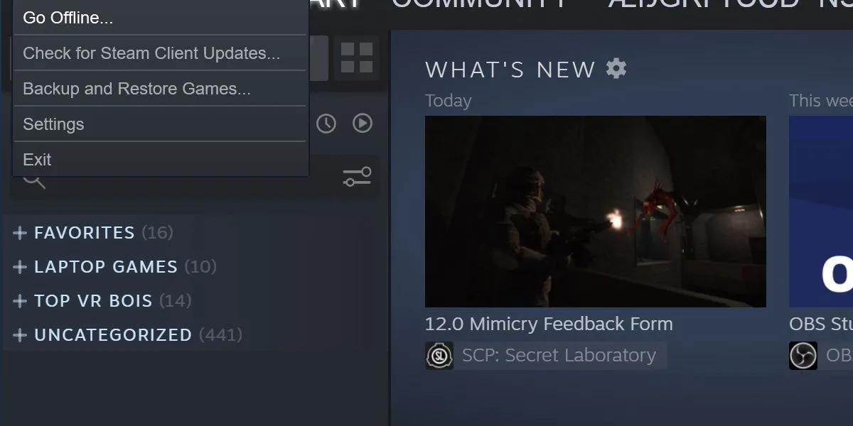 Tùy chọn "Go Offline" để bật chế độ ngoại tuyến Steam giảm RAM