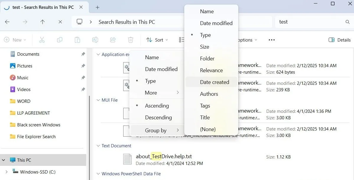 Tùy chọn &quot;Group by&quot; trong File Explorer giúp nhóm các tệp theo loại, ngày, kích thước để dễ quản lý