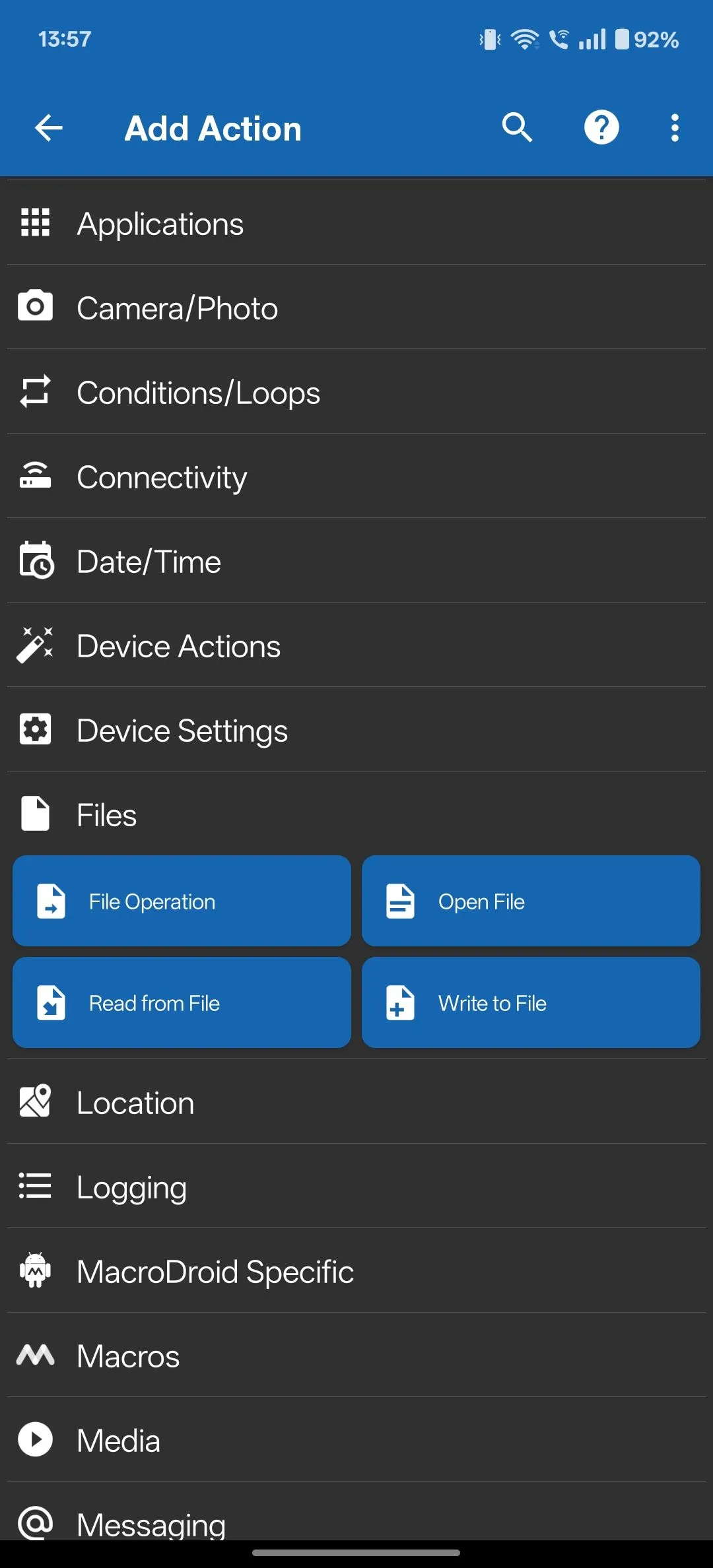 Tùy chọn hành động tập tin (Files actions) trong MacroDroid