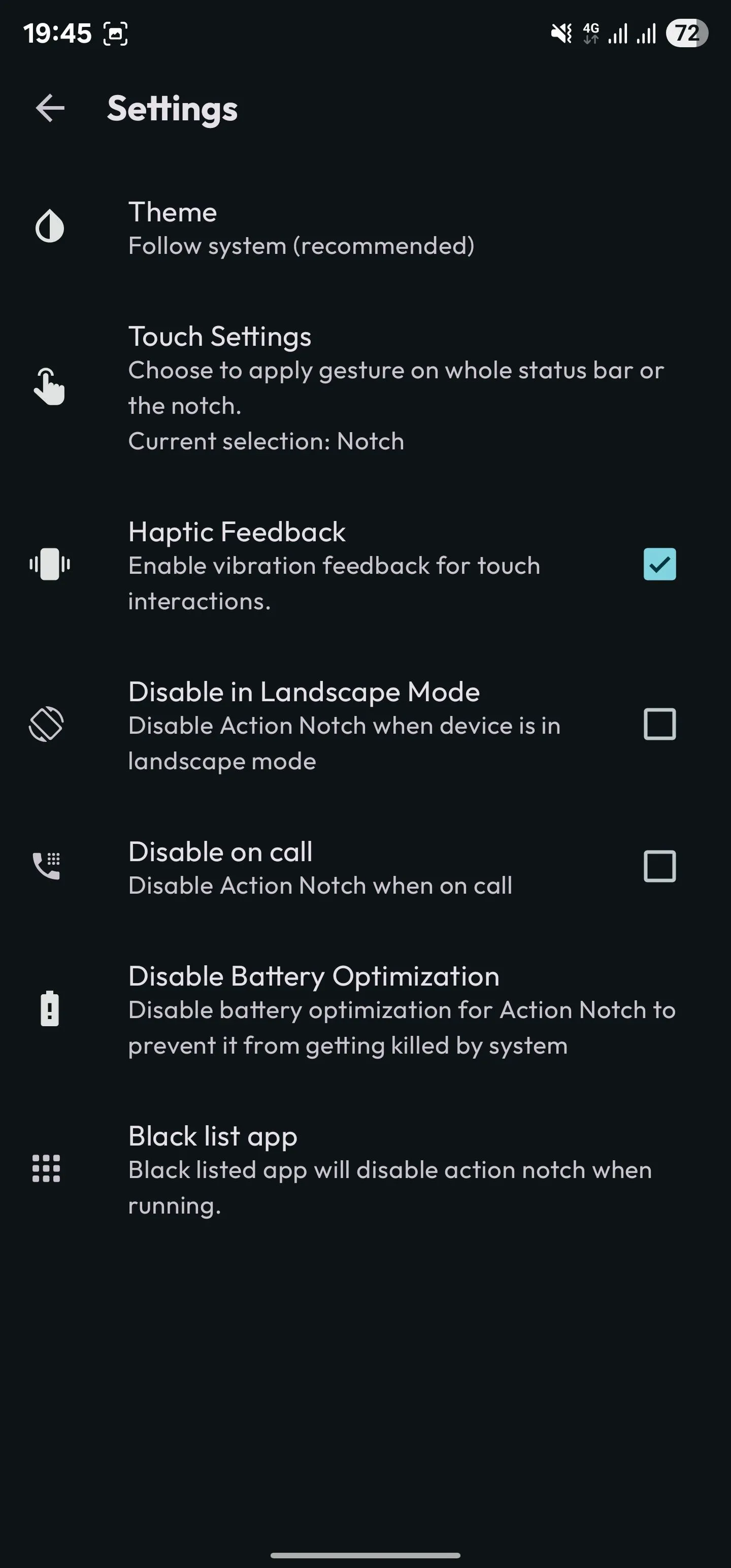 Tùy chọn Haptic Feedback được đánh dấu chọn trong phần cài đặt của Action Notch, giúp nhận phản hồi rung khi chạm