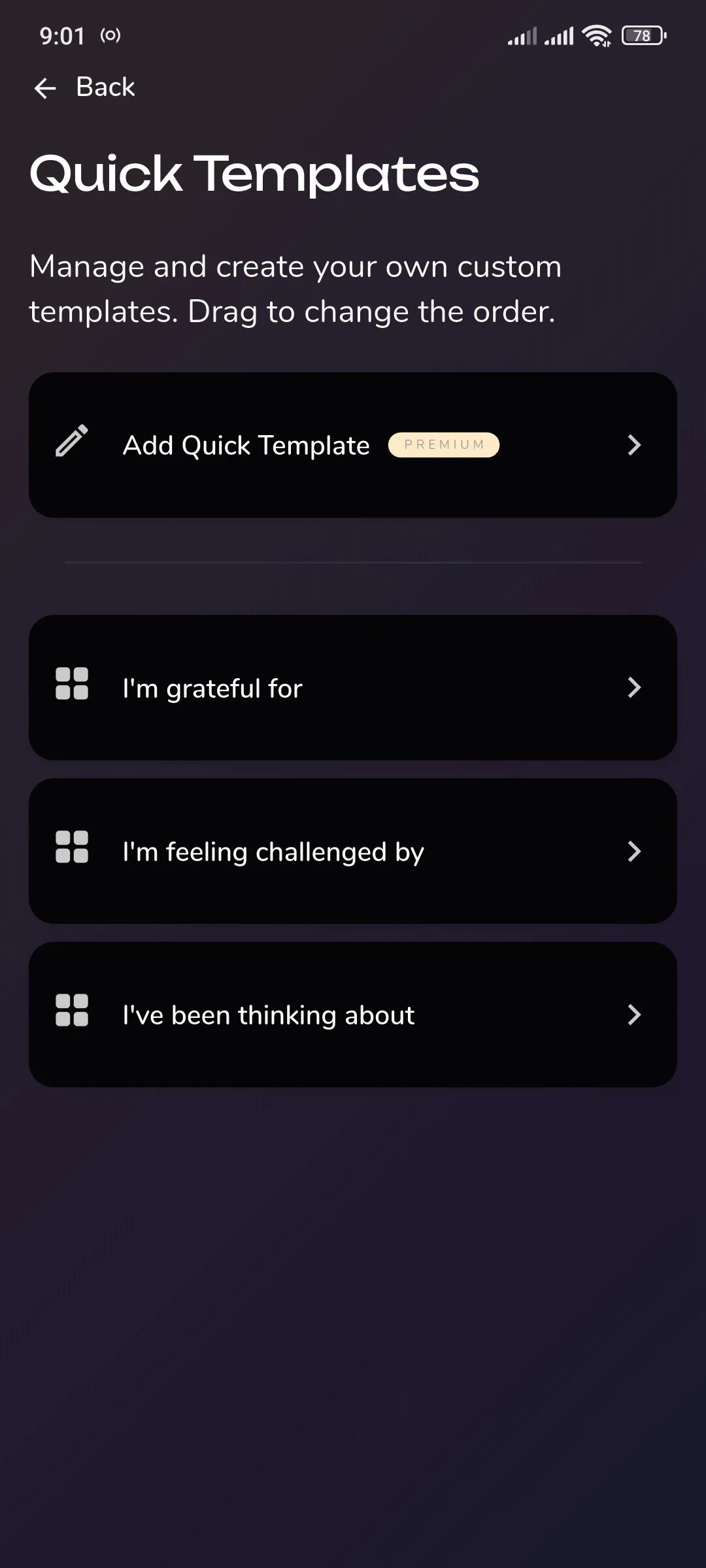 Tùy chọn hiển thị các mẫu nhanh và nút thêm mẫu tùy chỉnh trong Reflection.app.