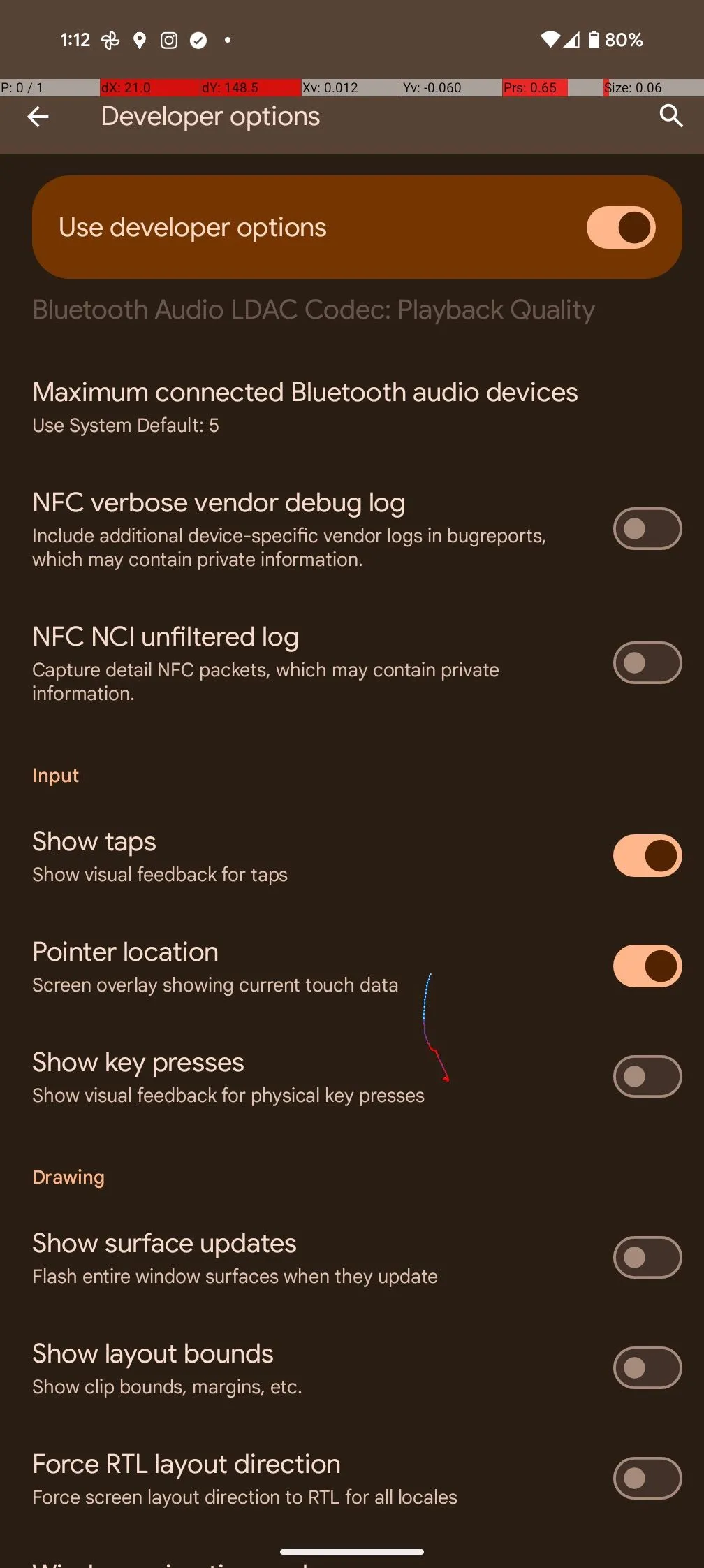 Tùy chọn hiển thị vị trí chạm và con trỏ trên màn hình Android từ Tùy chọn nhà phát triển