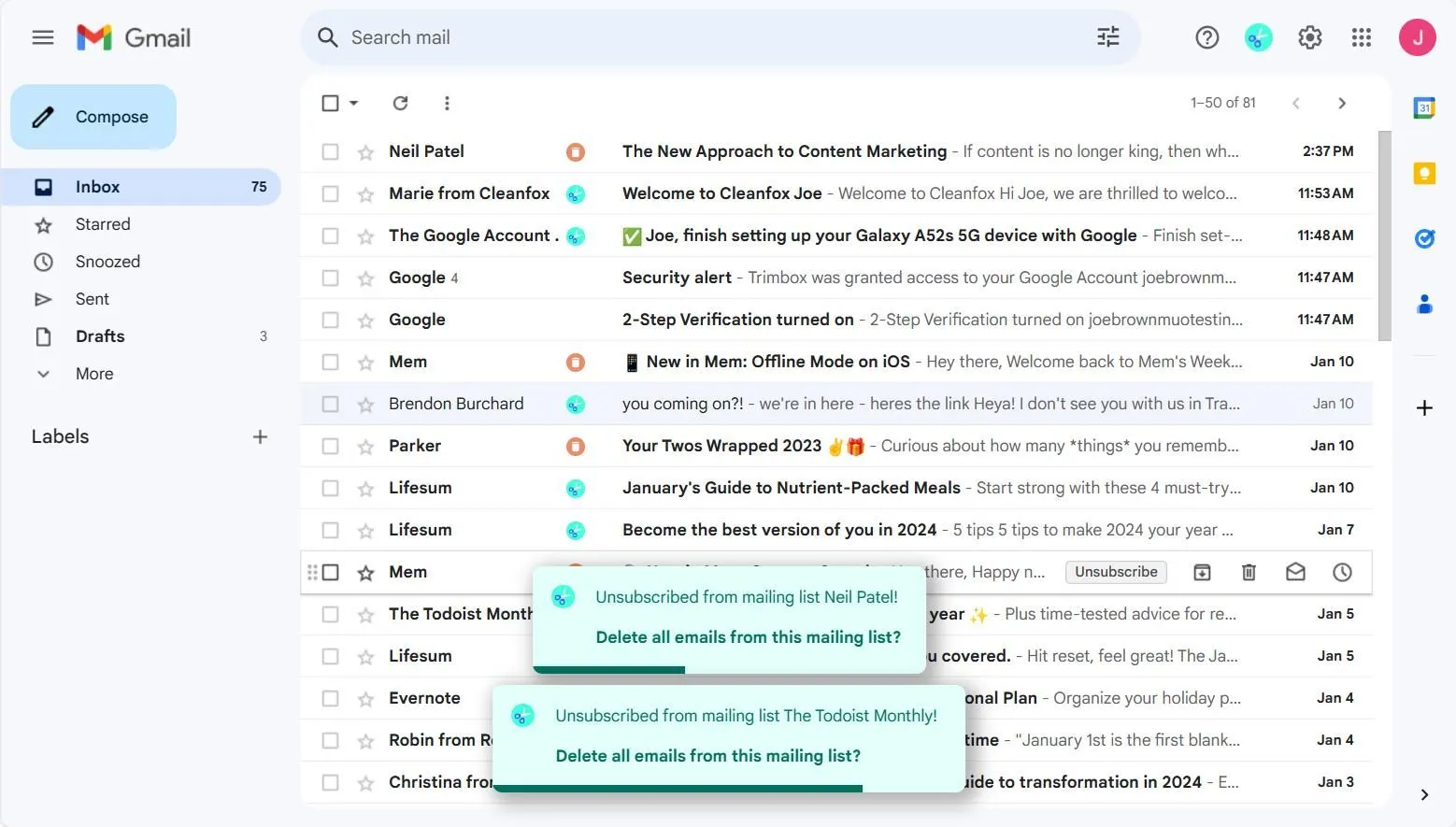 Tùy chọn hủy đăng ký và xóa trong hộp thư đến Gmail, hiển thị tính năng Trimbox
