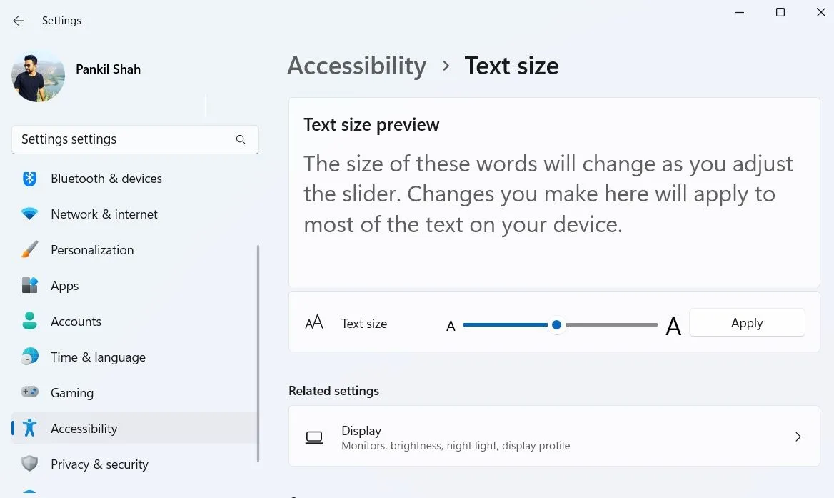 Tùy chọn kích thước chữ trong ứng dụng Cài đặt Windows