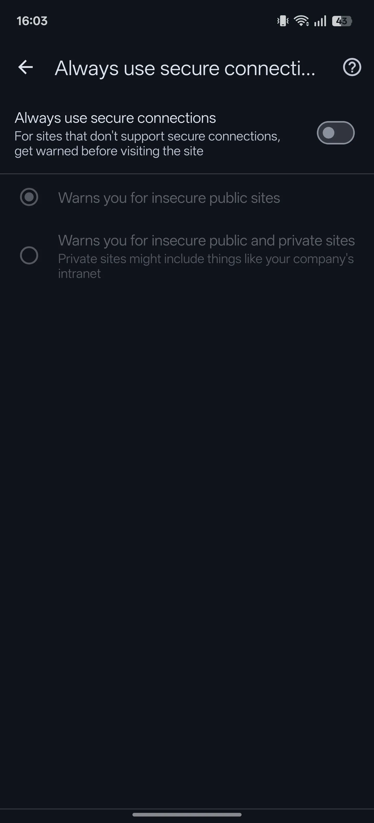 Tùy chọn 'Luôn sử dụng kết nối an toàn' (Always use secure connections) bị tắt trong cài đặt Bảo mật và Quyền riêng tư của Chrome cho Android