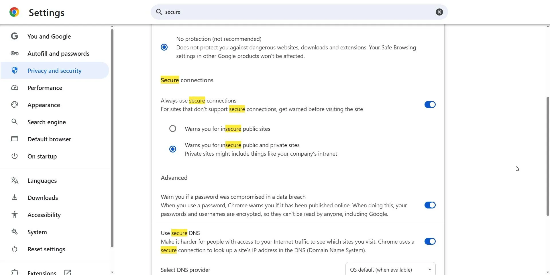 Tùy chọn 'Luôn sử dụng kết nối an toàn' trong cài đặt Google Chrome để duyệt web an toàn hơn