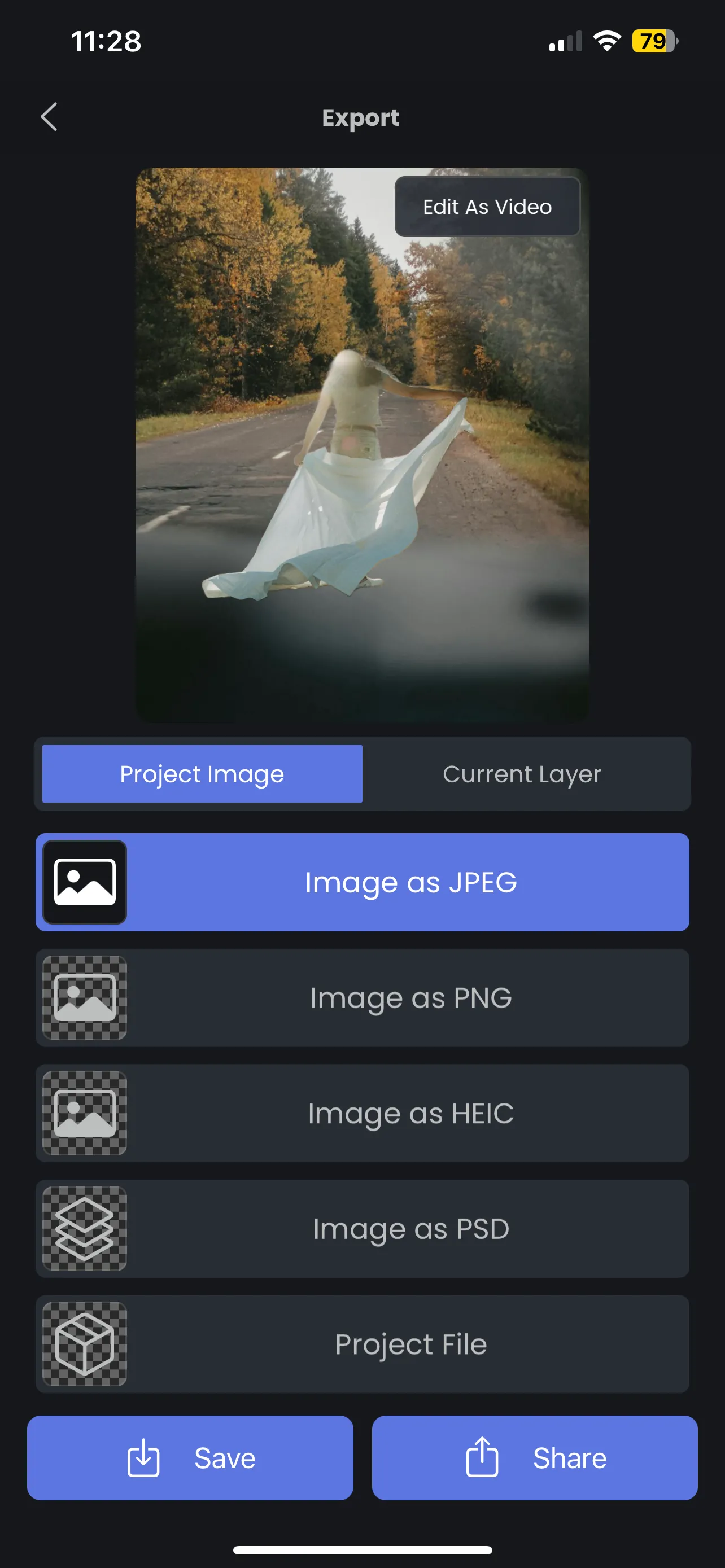 Tùy chọn lưu ảnh trong Superimpose X cho phép xuất file dưới nhiều định dạng như JPEG, PNG, HEIC, và PSD, nhấn mạnh tính linh hoạt của ứng dụng chỉnh sửa ảnh.