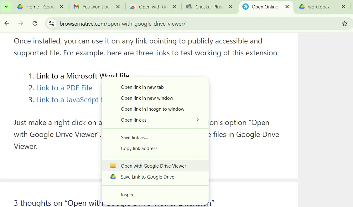 Tùy chọn &quot;Open with Google Drive viewer&quot; trong menu chuột phải của Chrome, cho phép mở nhanh các file trong trình xem của Google Drive