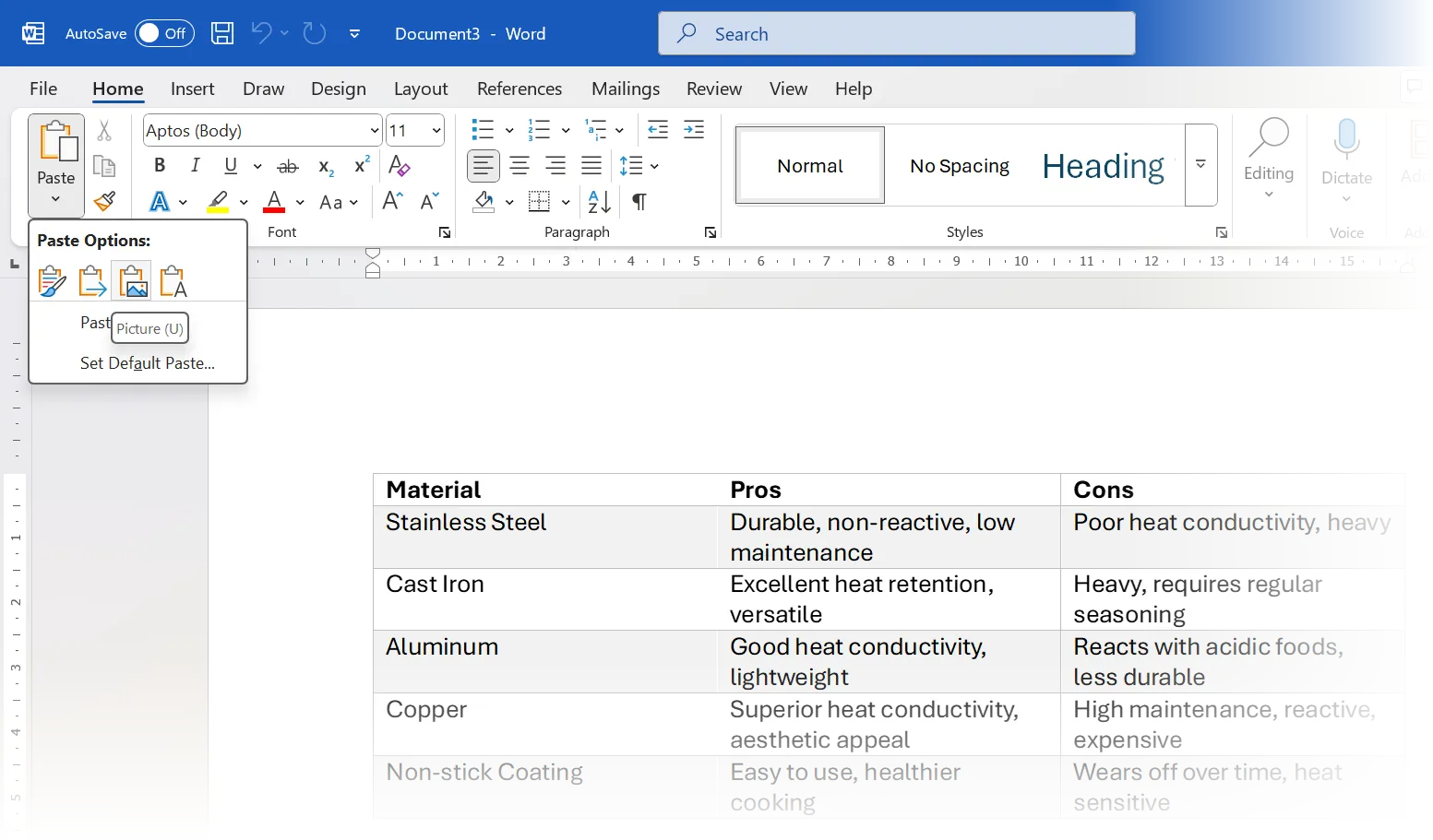 Tùy chọn &quot;Paste Picture&quot; trong Microsoft Word, cho phép dán văn bản hoặc bảng dưới dạng hình ảnh.
