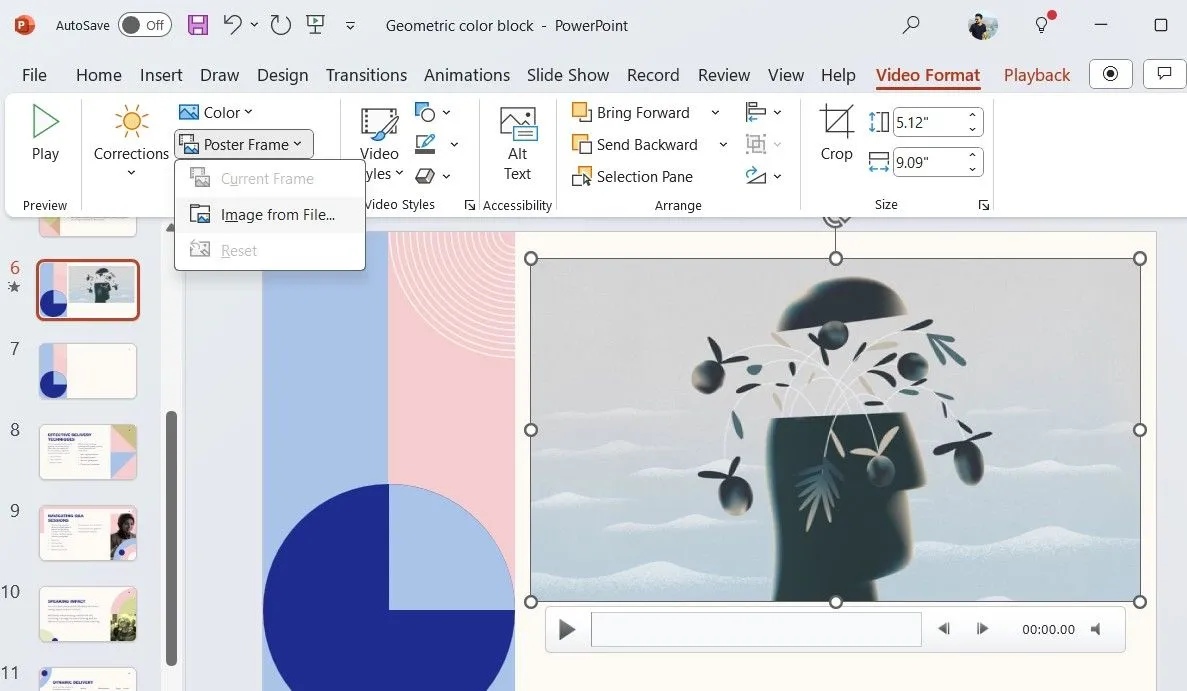 Tùy chọn Poster Frame trong tab Video Format của PowerPoint để thay đổi ảnh đại diện video