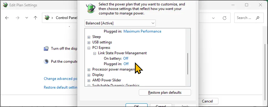 Tùy chọn quản lý nguồn liên kết PCI Express trong cài đặt nguồn Windows 11