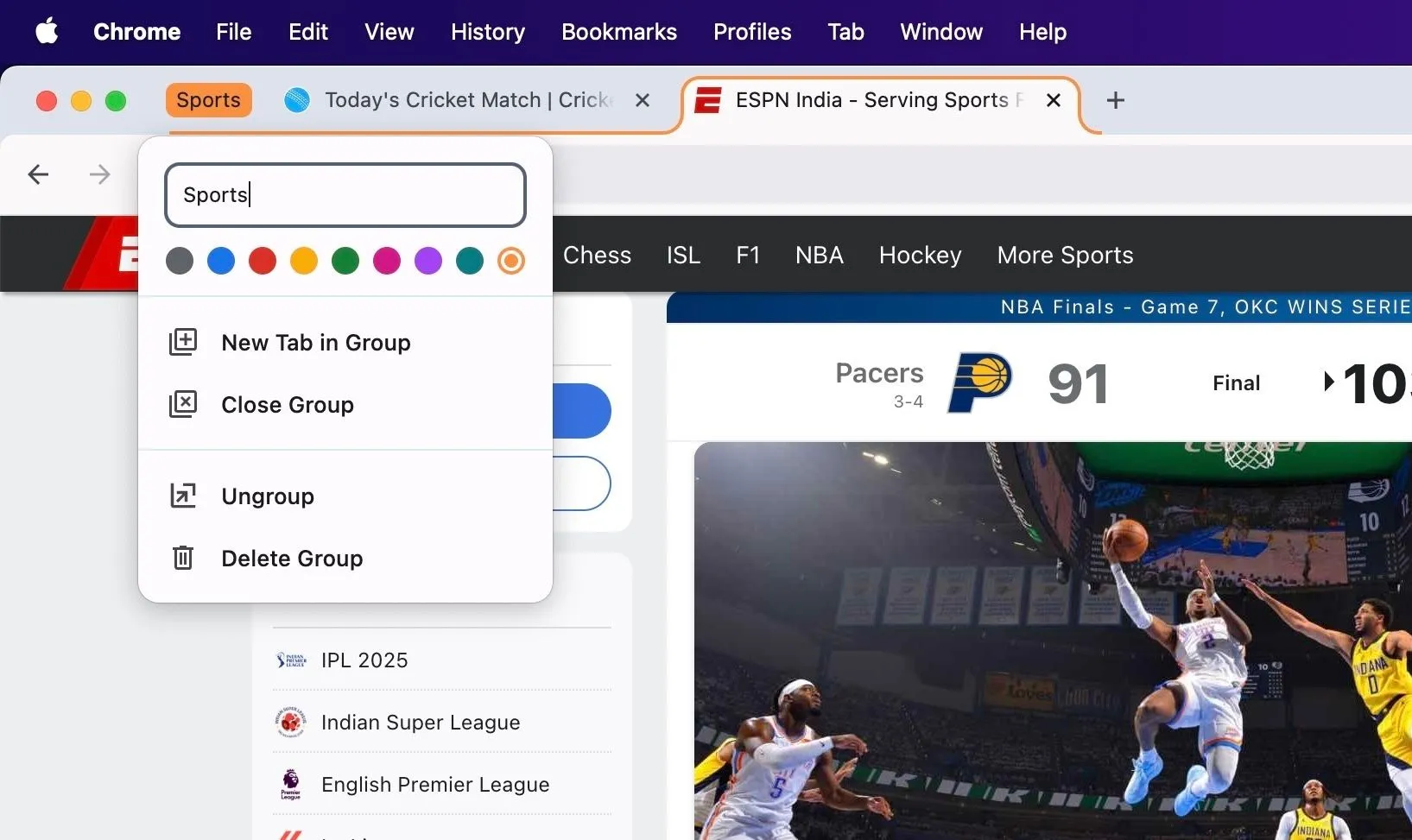 Tùy chọn quản lý nhóm tab Chrome bao gồm đóng, hủy nhóm, xóa.