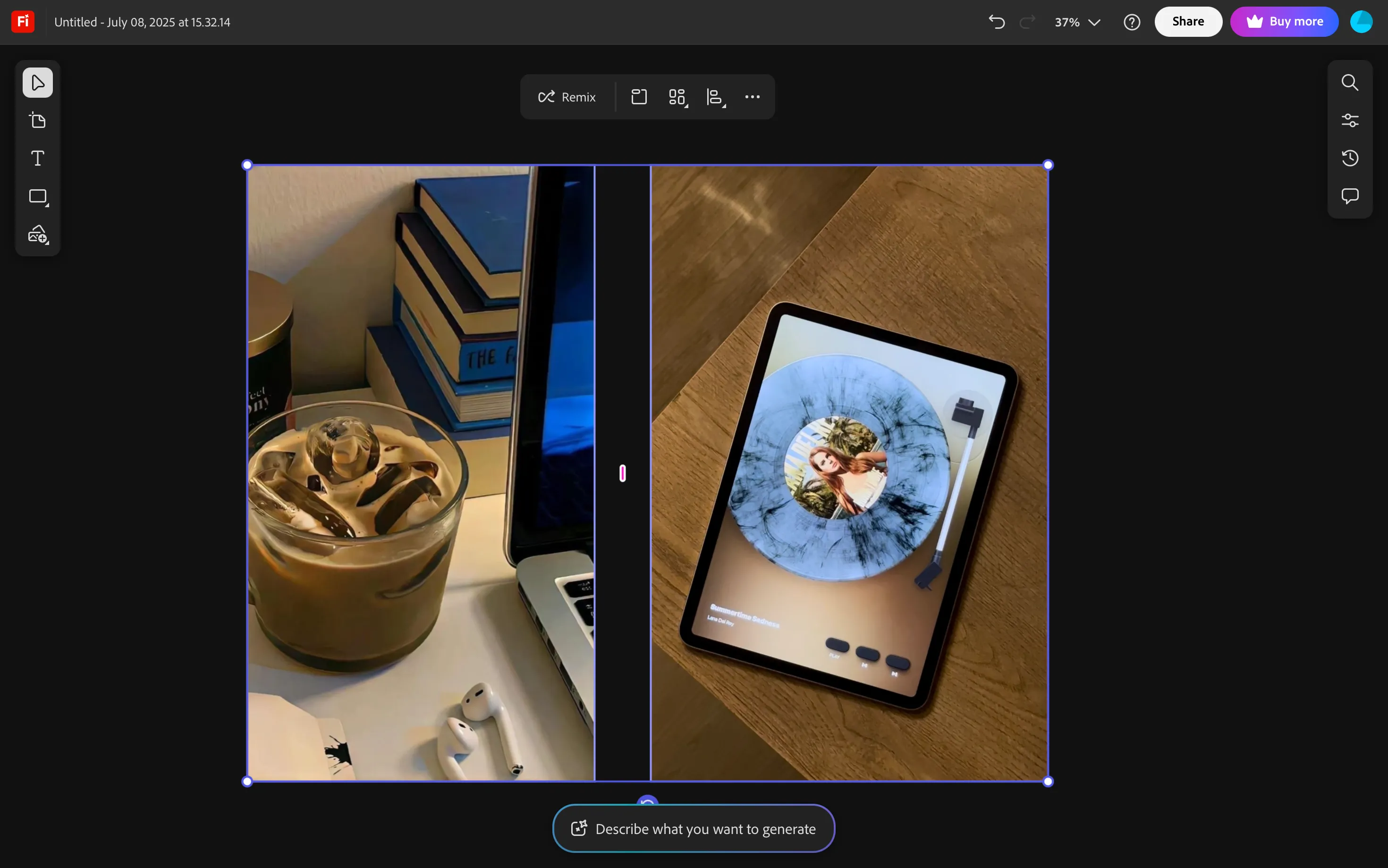 Tùy chọn Remix hiển thị trong Adobe Firefly Boards khi hai hình ảnh được chọn để trộn.