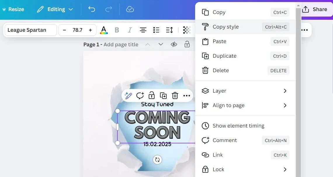 Tùy chọn &quot;Sao chép kiểu dáng&quot; (Copy Style) trong Canva để đồng bộ định dạng nhanh chóng