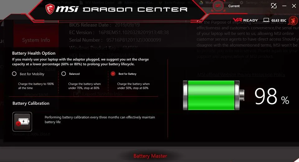 Tùy chọn Sức khỏe pin (Battery Health Option) và chế độ Cân bằng (Balanced) trong ứng dụng MSI Dragon Center để giới hạn sạc pin laptop MSI.