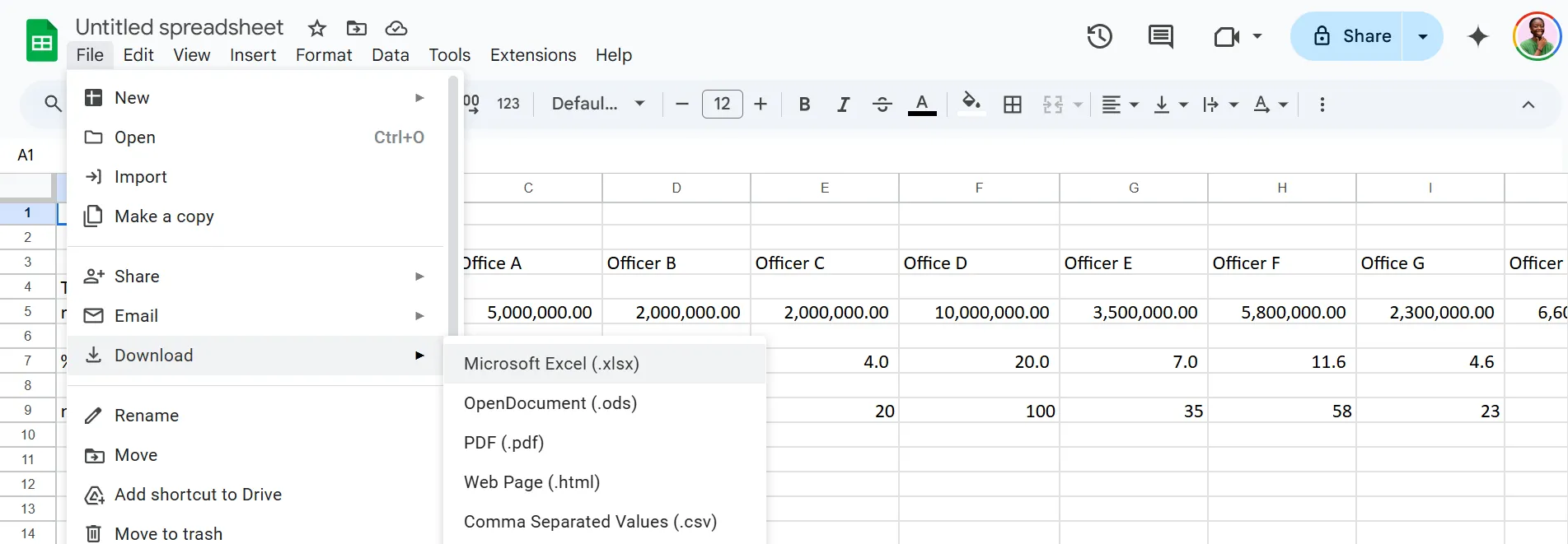 Tùy chọn tải xuống bảng tính Google Sheets dưới nhiều định dạng khác nhau
