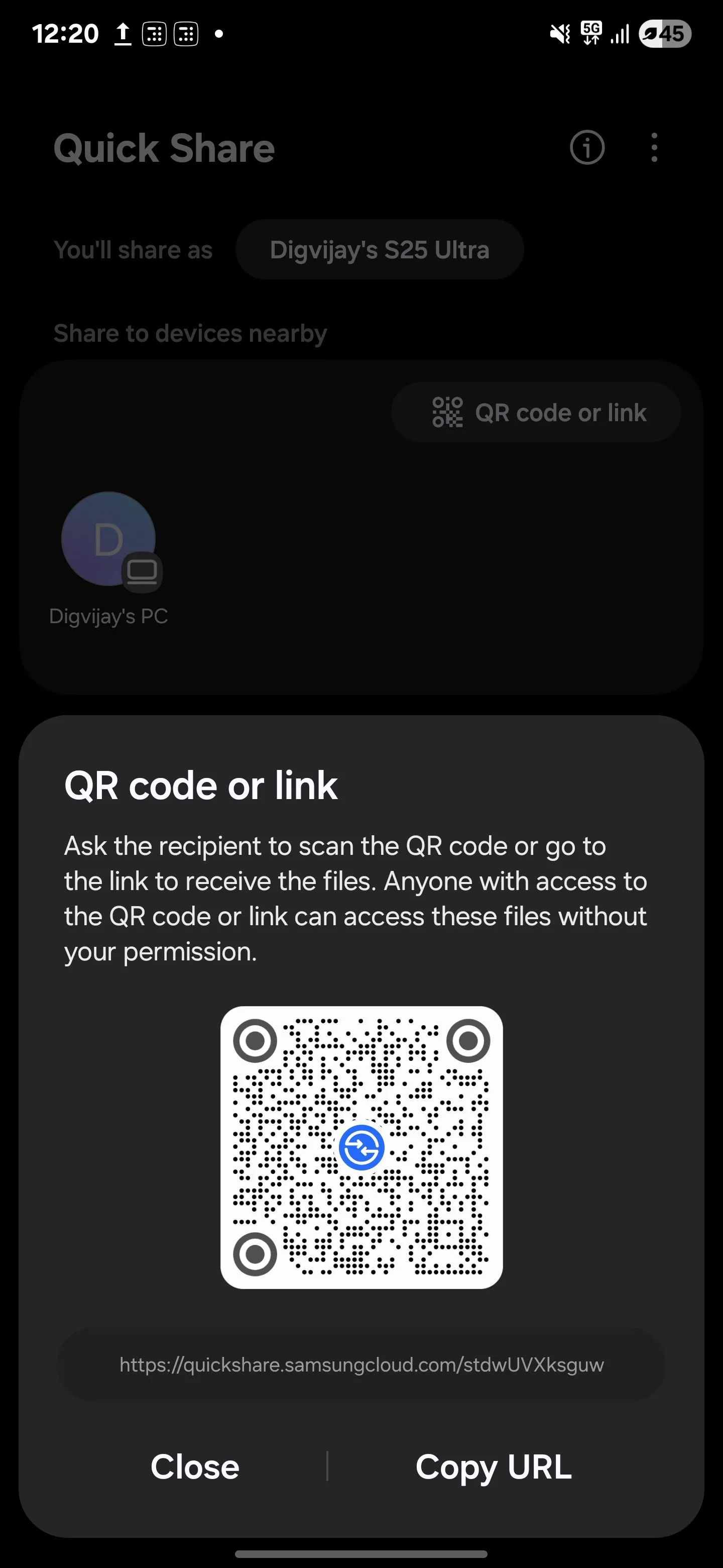 Tùy chọn tạo liên kết hoặc mã QR để chia sẻ file rộng hơn trong Quick Share của Samsung Galaxy.