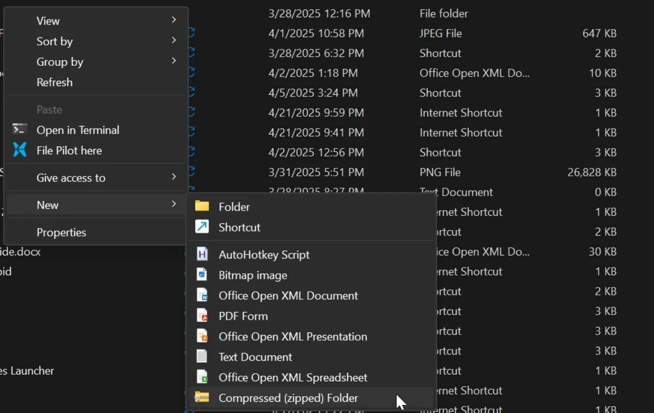Tùy chọn tạo thư mục nén (zipped folder) qua Send to trong File Explorer trên Windows 11