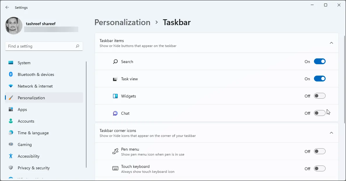 Tùy chọn tắt/bật Widget trên Windows 11 trong phần Cài đặt Taskbar.
