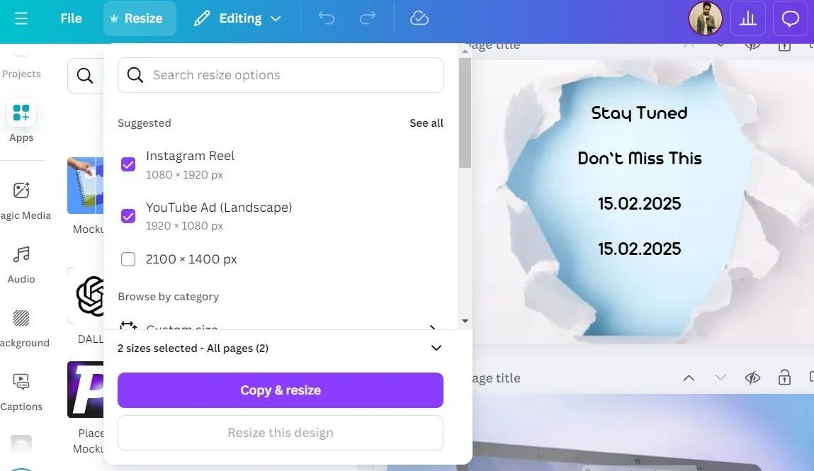 Tùy chọn &quot;Thay đổi kích thước thông minh&quot; (Magic Resize) trong Canva Pro giúp điều chỉnh nhanh định dạng