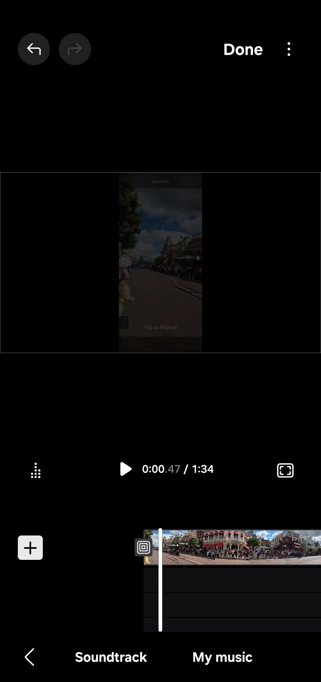 Tùy chọn thêm nhạc nền vào video trong ứng dụng Samsung Studio, nằm ở góc dưới bên phải giao diện.