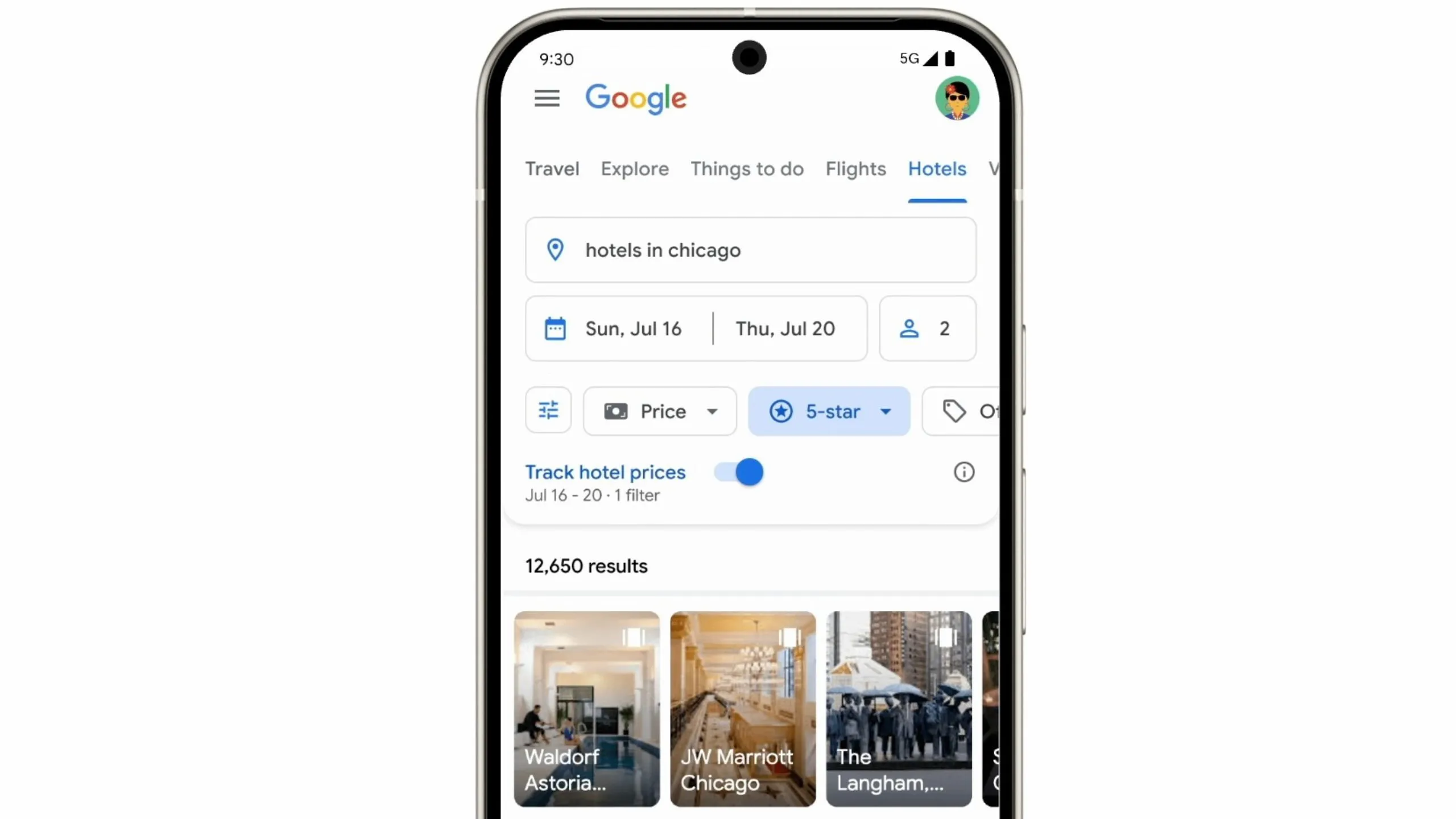 Tùy chọn theo dõi giá khách sạn mới trên giao diện Google Hotels