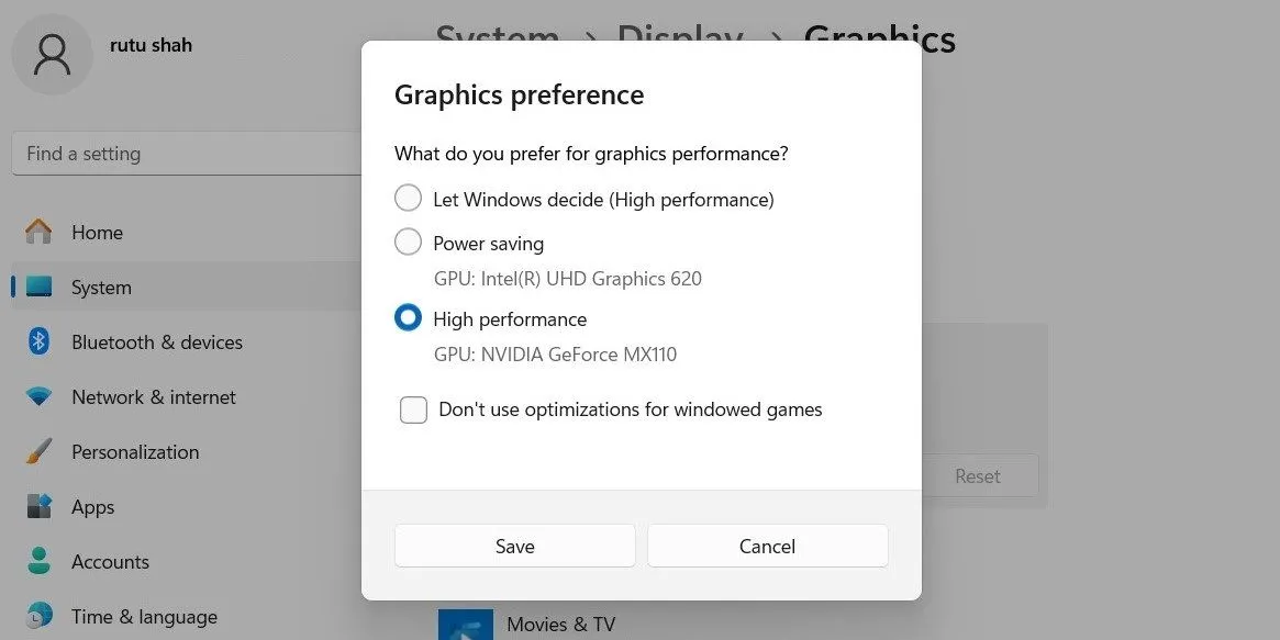 Tùy chọn thiết lập ưu tiên GPU rời cho ứng dụng trong Cài đặt Windows 11.