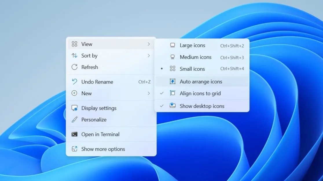 Tùy chọn 'Tự động sắp xếp biểu tượng' (Auto arrange icons) trong menu ngữ cảnh desktop Windows