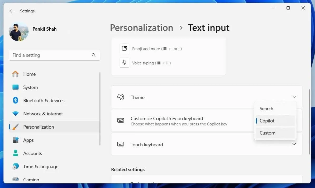 Tùy chọn tùy chỉnh phím Copilot trên bàn phím trong cài đặt Windows 11