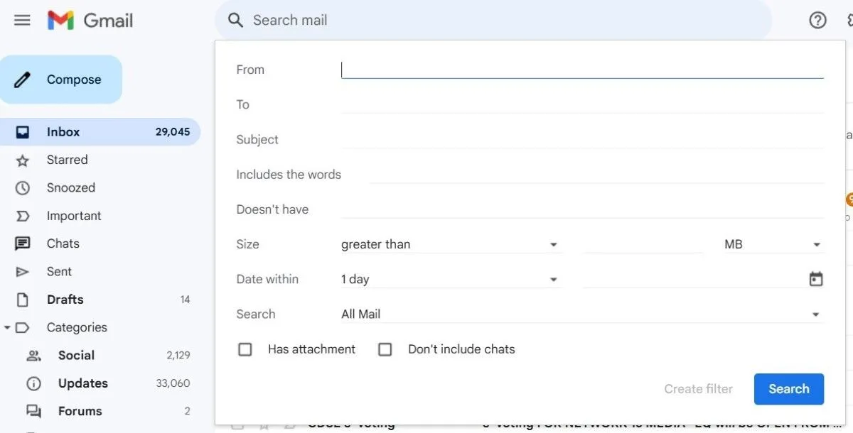 Tùy chọn và tiêu chí lọc Gmail
