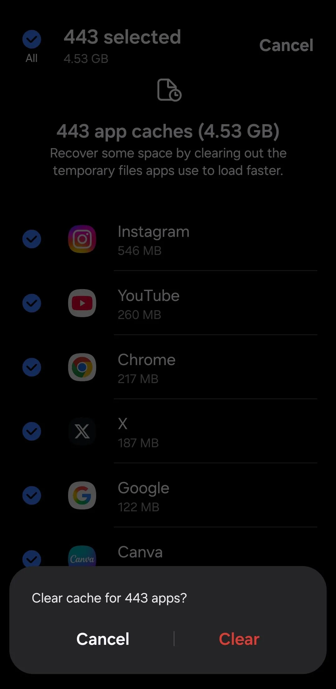 Tùy chọn xóa toàn bộ bộ nhớ đệm ứng dụng để giải phóng dung lượng trên Samsung