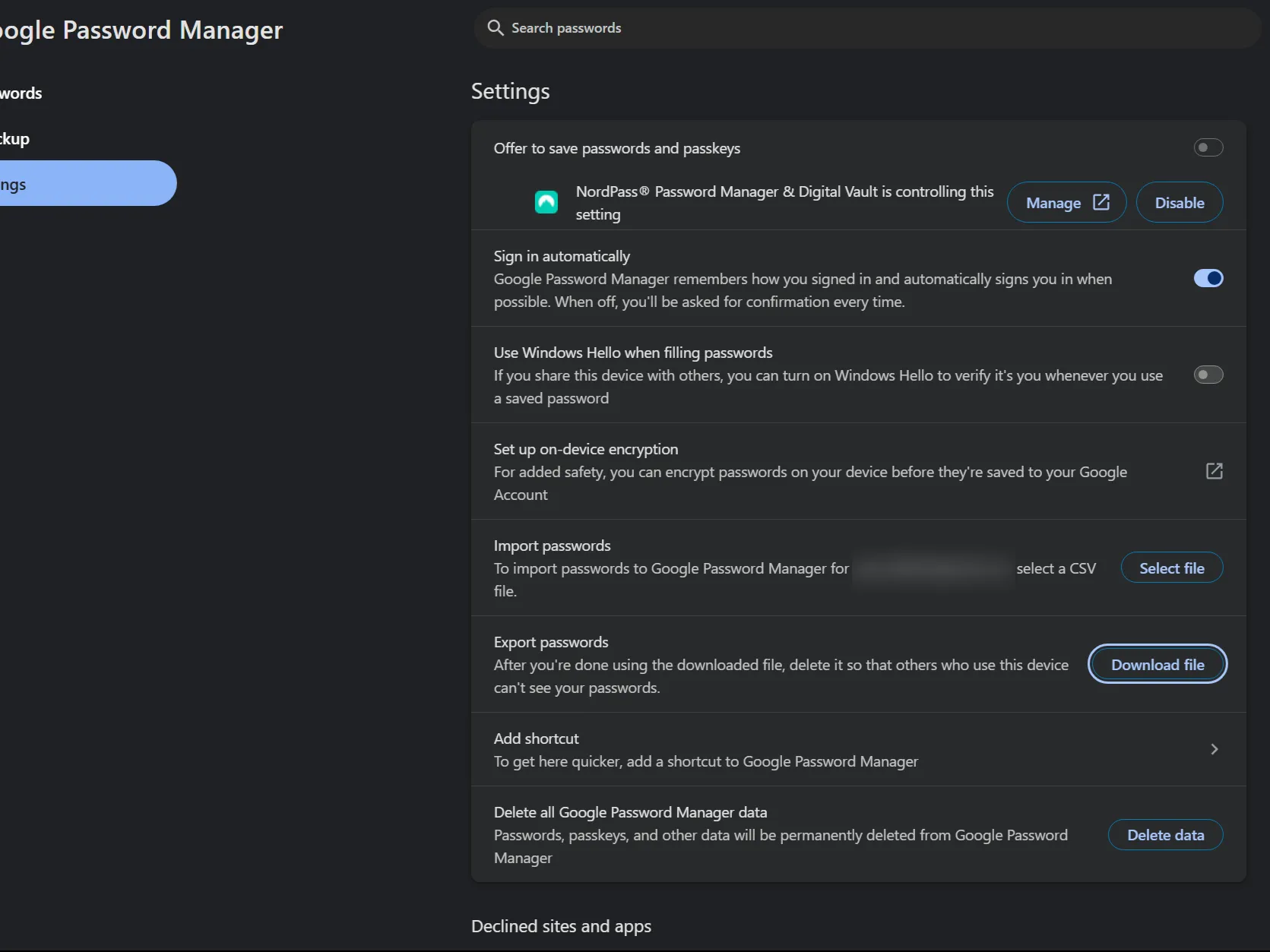 Tùy chọn xuất hiện trong cài đặt mật khẩu của Google Password Manager.