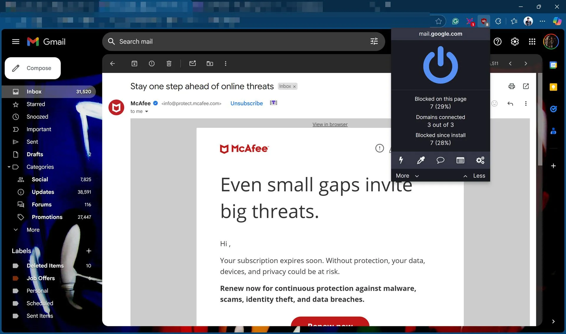 uBlock Origin hiển thị khả năng chặn các trình theo dõi email