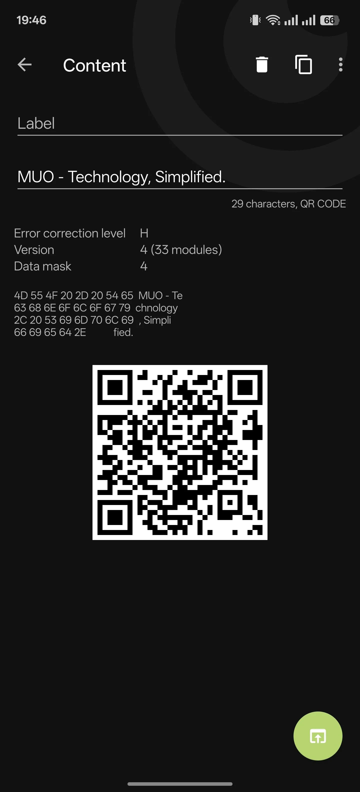 Ứng dụng BinaryEye hiển thị nội dung của mã QR vừa được quét trên điện thoại Android