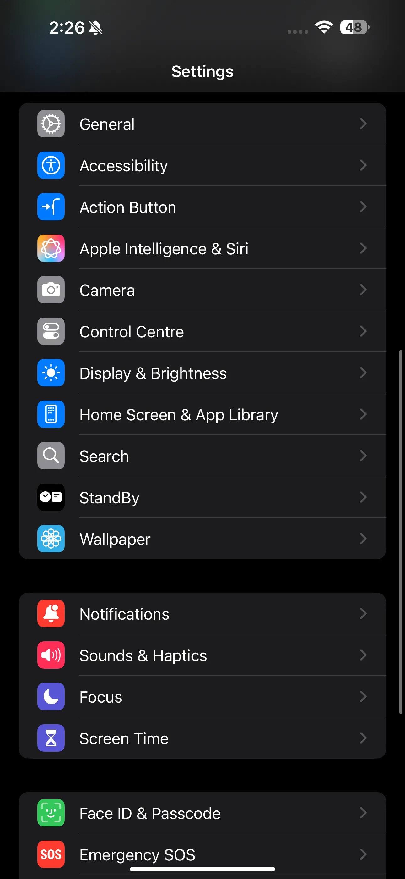 Ứng dụng Cài đặt trên iPhone với tùy chọn Screen Time nổi bật.