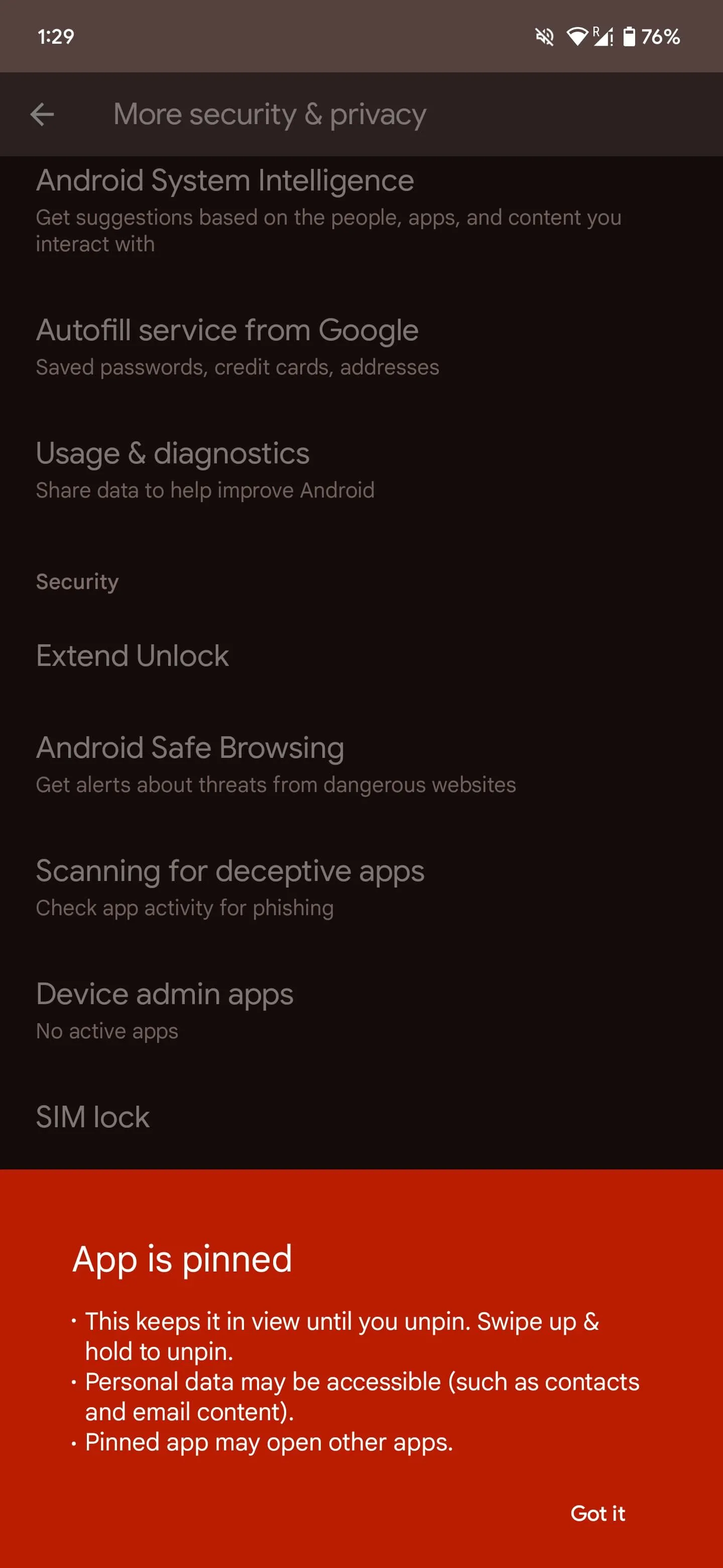Ứng dụng được ghim trên màn hình Android, chỉ cho phép truy cập ứng dụng đó cho đến khi bỏ ghim