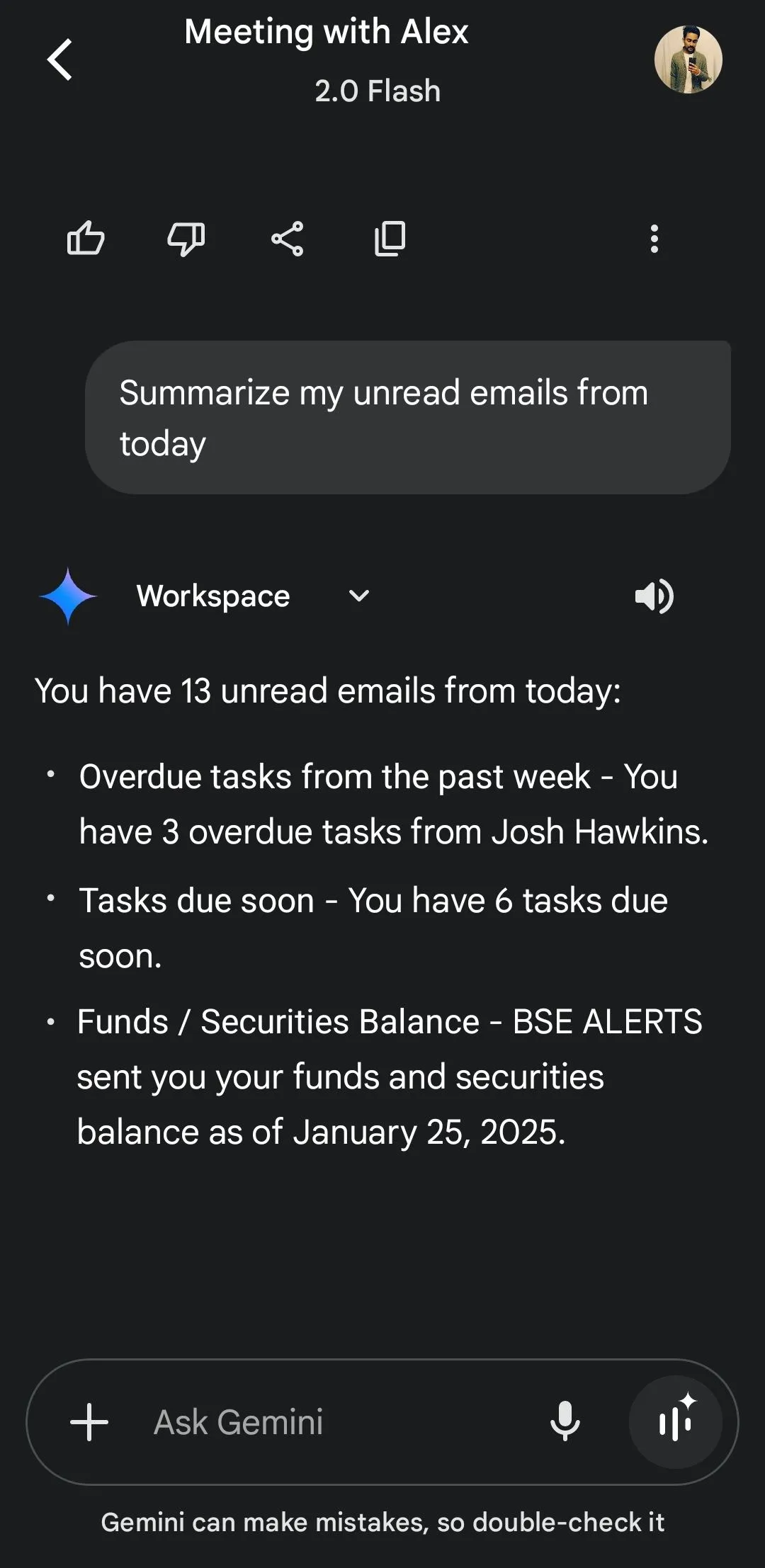 Ứng dụng Gemini AI của Google đang tóm tắt các email chưa đọc từ Gmail, thể hiện khả năng tích hợp sâu.