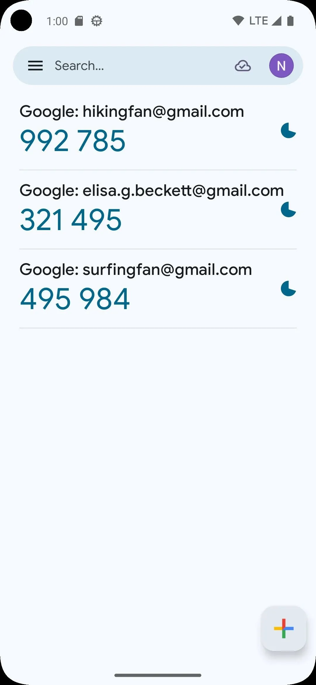 Ứng dụng Google Authenticator hiển thị các mã xác minh 2 bước trên Android