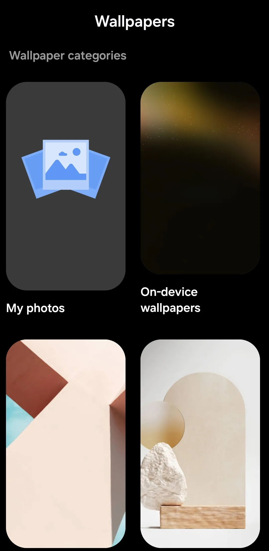 Ứng dụng Google Wallpapers hiển thị các danh mục hình nền trên điện thoại Android