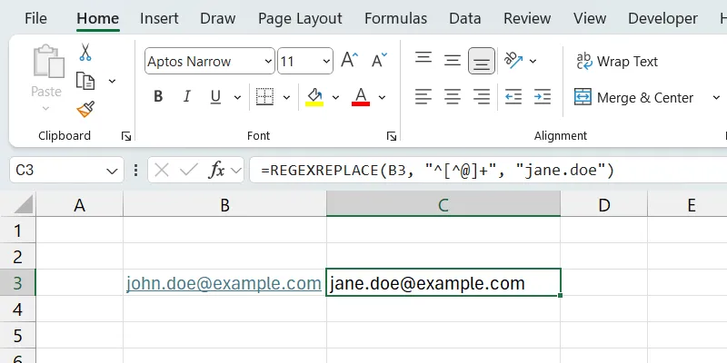 Ứng dụng hàm REGEXREPLACE trong Excel để thay thế phần tên người dùng trong địa chỉ email